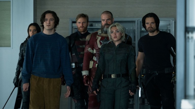 Ghost (Hannah John-Kamen), Bob (Lewis Pullman), John Walker (Wyatt Russell), Alexei Shostakov/Red Guardian (David Harbour), Yelena Belova (Florence Pugh) and Bucky Barnes (Sebastian Stan)in Marvel Studios' THUNDERBOLTS*. Photo by Chuck Zlotnick. © 2025 MARVEL.