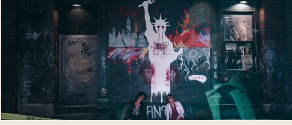Daredevil: Born Again screenshot of Muse's Statue of Liberty graffiti.