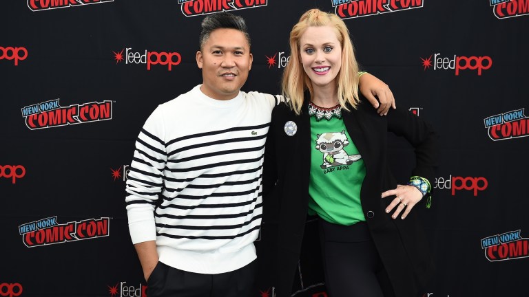 NEW YORK, NEW YORK - OCTOBER 09: Dante Basco and Janet Varney pose for a photo at Avatar: Braving the Elements LIVE during Day 3 of New York Comic Con 2021 at Jacob Javits Center on October 09, 2021 in New York City.