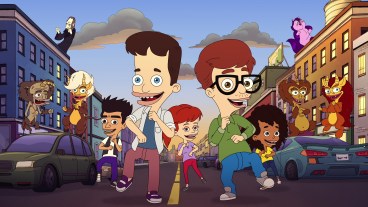 Big Mouth S8 (L to R) Nick Kroll as Maury the Hormone Monster, David Thewlis as the Shame Wizard, Thandie Newton as Mona the Hormone Monstress, Jason Mantzoukas as Jay Bilzerian, Nick Kroll as Nick Birch, Jessi Klein as Jessi Glaser, John Mulaney as Andrew Glouberman, Ayo Edebiri as Missy Foreman-Greenwald, Nick Kroll as Rick the Hormone Monster, Jean Smart as Depression Kitty, and Maya Rudolph as Connie the Hormone Monstress in Big Mouth S8.
