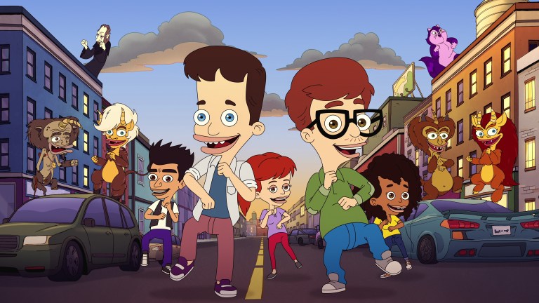 Big Mouth S8 (L to R) Nick Kroll as Maury the Hormone Monster, David Thewlis as the Shame Wizard, Thandie Newton as Mona the Hormone Monstress, Jason Mantzoukas as Jay Bilzerian, Nick Kroll as Nick Birch, Jessi Klein as Jessi Glaser, John Mulaney as Andrew Glouberman, Ayo Edebiri as Missy Foreman-Greenwald, Nick Kroll as Rick the Hormone Monster, Jean Smart as Depression Kitty, and Maya Rudolph as Connie the Hormone Monstress in Big Mouth S8.