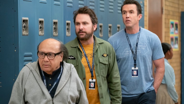 IT'S ALWAYS SUNNY IN PHILADELPHIA -- "The Gang F***s Up Abbott Elementary" -- Season 17, Episode 1 -- Pictured (L-R): Danny DeVito as Frank, Charlie Day as Charlie, Rob McElhenney as Mac.
