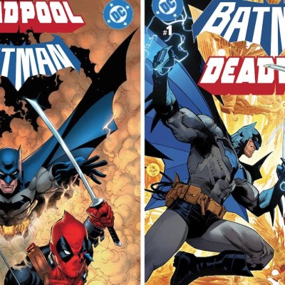 The two covers for Marvel and DC's Deadpool/Batman crossover.