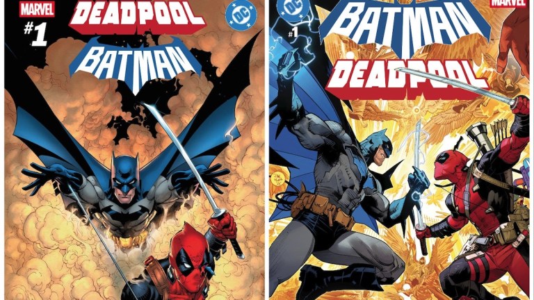 The two covers for Marvel and DC's Deadpool/Batman crossover.