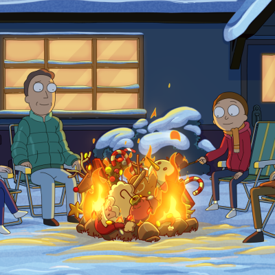 The Smith family gathers for a bonfire in the snow on Rick and Morty season 8.