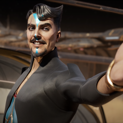 An animated man extended his arm out and smiling in season 4 episode of Love, Death + Robots "The Screaming of the Tyrannosaur"