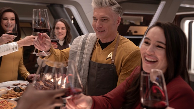 L to R Rebecca Romijn as Una, Melanie Scrofano as Batel, Anson Mount as Capt. Pike and Christina Chong as Laían in season 3 , Episode 7 of Strange New Worlds streaming on Paramount+. Photo Credit: Marni GrossmanParamount+