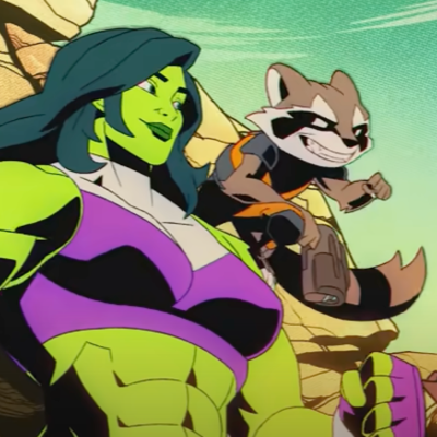She-Hulk and Rocket Raccoon pose in the video game MARVEL Cosmic Invasion.