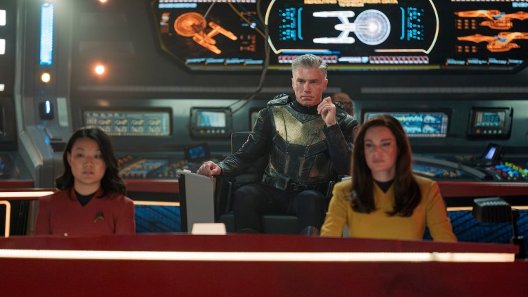 L-R: Rong Fu as Mitchell, Anson Mount as Pike, and Rebecca Romijn as Una in Star Trek: Strange New Worlds, episode 1, season 3, streaming on Paramount+, 2025.