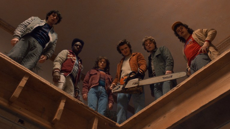 STRANGER THINGS. (L to R) Finn Wolfhard as Mike Wheeler, Caleb McLaughlin as Lucas Sinclair, Natalia Dyer as Nancy Wheeler, Joe Keery as Steve Harrington, Charlie Heaton as Jonathan Byers, and Gaten Matarazzo as Dustin Henderson in STRANGER THINGS. Cr. Courtesy of Netflix © 2025