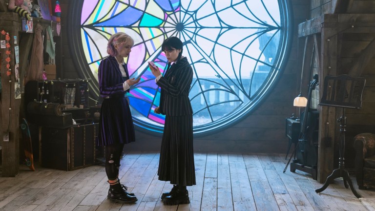 Wednesday. (L to R) Emma Myers as Enid Sinclair, Jenna Ortega as Wednesday Addams in episode 202 of Wednesday.