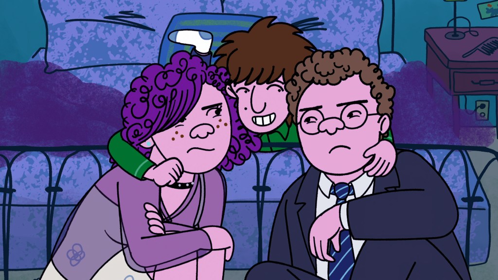 Long Story Short (L to R) Abbi Jacobson as Shira Schwooper, Ben Feldman as Avi Schwooper and Max Greenfield as Yoshi Schwooper in Long Story Short. Cr. COURTESY OF NETFLIX © 2025