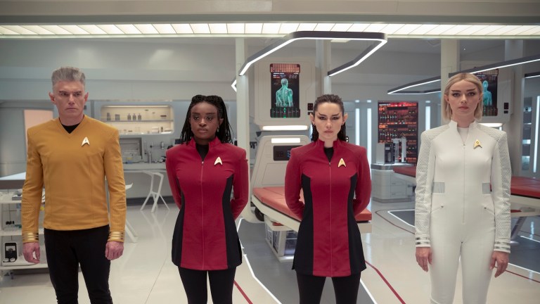 Anson Mount as Pike, Celia Rose Gooding as Uhura, Christina Chong as La’an and Jess Bush as Chapel in Star Trek: Strange New Worlds, streaming on Paramount+, 2024. Photo Credit: Marni Grossman/Paramount+