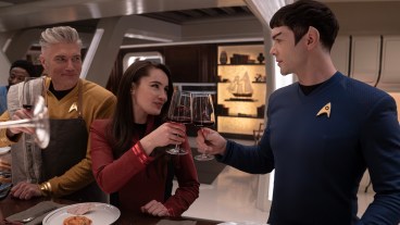L to R Anson Mount as Capt. Pike, Christina Chong as Laían and Ethan Peck as Spock in season 3 , Episode 7 of Strange New Worlds streaming on Paramount+. Photo Credit: Marni GrossmanParamount+