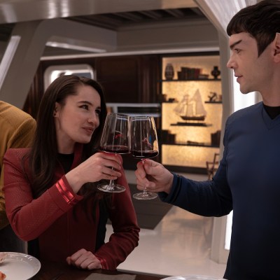 L to R Anson Mount as Capt. Pike, Christina Chong as Laían and Ethan Peck as Spock in season 3 , Episode 7 of Strange New Worlds streaming on Paramount+. Photo Credit: Marni GrossmanParamount+