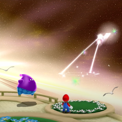 Mario overlooking the sunset on a boat in Super Mario Galaxy.