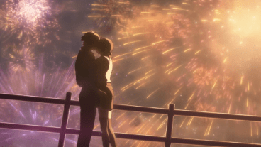 A screen grab featuring two characters embracing amid fireworks from Chainsaw Man - The Movie: Reze Arc.