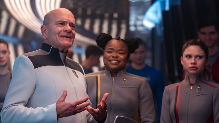 L-R: Robert Picardo as The Doctor, Kerrice Brooks as Sam and Bella Shepard as Genesis in season 1 , episode 1 of Star Trek: Starfleet Academy streaming on Paramount+. Photo Credit: