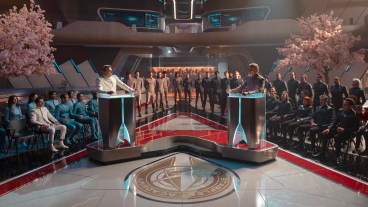 L-R: Romeo Carere, Anthony Natale and Oded Fehr in season 1, episode 2 of Star Trek: Starfleet Academy streaming on Paramount+.