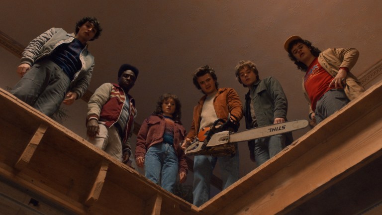STRANGER THINGS. (L to R) Finn Wolfhard as Mike Wheeler, Caleb McLaughlin as Lucas Sinclair, Natalia Dyer as Nancy Wheeler, Joe Keery as Steve Harrington, Charlie Heaton as Jonathan Byers, and Gaten Matarazzo as Dustin Henderson in STRANGER THINGS. Cr. Courtesy of Netflix © 2025
