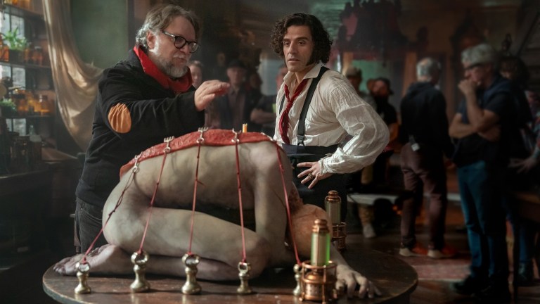 Guillermo del Toro and Oscar Isaac on Frankenstein set
