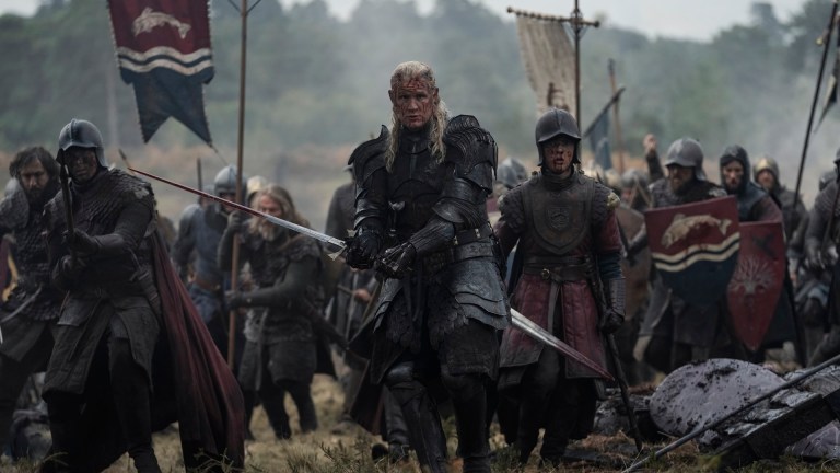 Daemon Targaryen (Matt Smith) leads Tully troops in battle in House of the Dragon season 3.