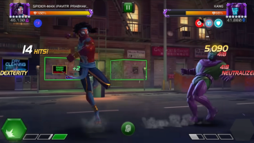 A screenshot from Marvel Contest of Champions featuring Spider-Man (Pavitr Prabhakar) battling Kang.