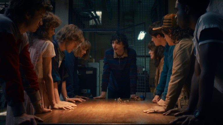 STRANGER THINGS: SEASON 5. (L to R) Joe Keery as Steve Harrington, Natalia Dyer as Nancy Wheeler, Charlie Heaton as Jonathan Byers, Maya Hawke as Robin Buckley, Finn Wolfhard as Mike Wheeler, Winona Ryder as Joyce Byers, Noah Schnapp as Will Byers, Gaten Matarazzo as Dustin Henderson, and Caleb McLaughlin as Lucas Sinclair in Stranger Things: Season 5. Cr. COURTESY OF NETFLIX © 2025