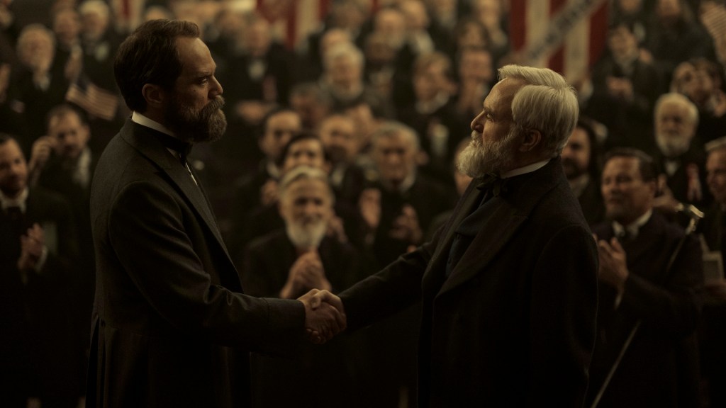 Death by Lightning. (L to R) Michael Shannon as James Garfield, Bradley Whitford as James Blaine in episode 101 of Death by Lightning. Cr. Larry Horricks/Netflix © 2025