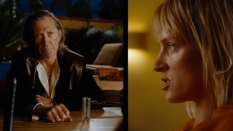 A split screen imagine of Bill (David Carradine) and Beatrix Kiddo (Uma Thurman) from a trailer for Kill Bill: The Whole Bloody Affair.