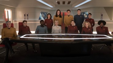 L to R Anson Mount as Capt. Pike, Martin Quinn as Scotty, Babs Olusanmokun as Dr. MíBenga, Rong Fu as Mitchell, Jess Bush as Chapel, Rebecca Romijn as Una, Paul Wesley as Kirk, Christina Chong as Laían, Ethan Peck as Spock, Carol Kane as Pelia, Melissa Navia as Erica Ortegas and Celia Rose Gooding as Uhura in season 3 , Episode 6 of Strange New Worlds streaming on Paramount+. Photo Credit: Marni GrossmanParamount+