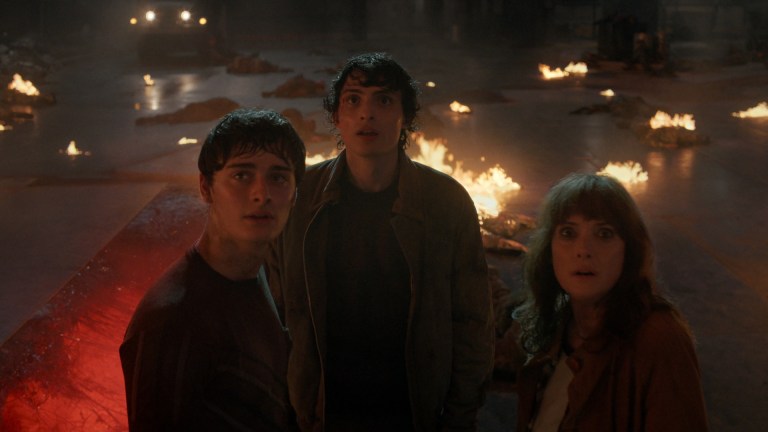STRANGER THINGS: SEASON 5. (L to R) Noah Schnapp as Will Byers, Finn Wolfhard as Mike Wheeler, and Winona Ryder as Joyce Byers in Stranger Things: Season 5. Cr. COURTESY OF NETFLIX © 2025