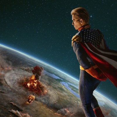 The Boys season 5 poster featuring Homelander in outer space observing an explosion on Earth.