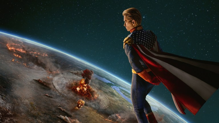 The Boys season 5 poster featuring Homelander in outer space observing an explosion on Earth.