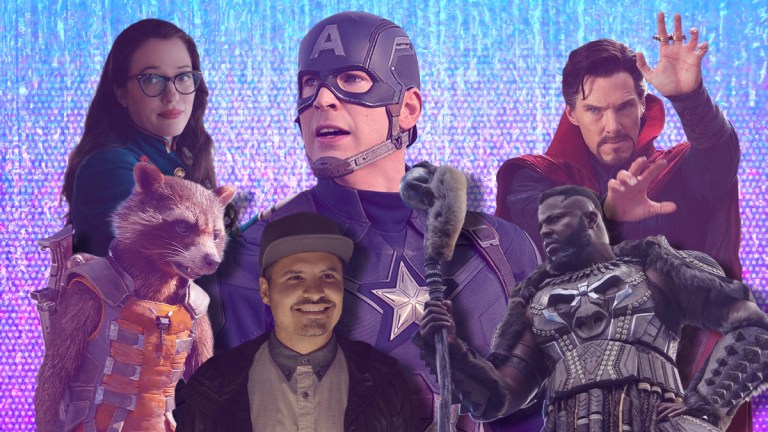 A composite featuring Marvel characters: Darcy Lewis, Captain America, Doctor Stranger, M'Baku, Luis, Rocket Raccoon.