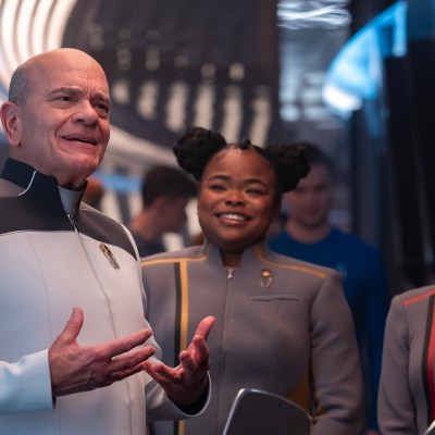 L-R: Robert Picardo as The Doctor, Kerrice Brooks as Sam and Bella Shepard as Genesis in season 1 , episode 1 of Star Trek: Starfleet Academy streaming on Paramount+. Photo Credit: Brooke Palmer/Paramount+