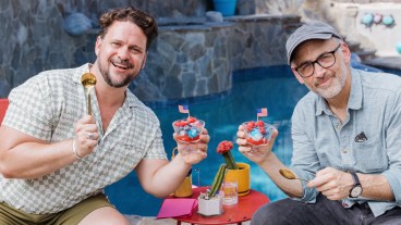 Hunter Cope and David Wain pose with their parfaits poolside in the comedy interview series The Perfect Parfait.