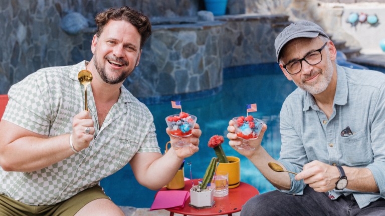 Hunter Cope and David Wain pose with their parfaits poolside in the comedy interview series The Perfect Parfait.