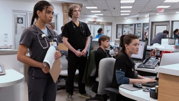 Laetitita Hollard, Lucas Iverson, Isa Briones, and Gerran Howell in The Pitt season 2.