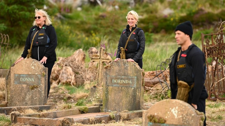 THE TRAITORS -- "Let the Cards Fall as they Will" Episode 401 -- Pictured: (l-r) Donna Kelce, Dorinda Medley, Rob Rausch -- (Photo by: Euan Cherry/PEACOCK)
