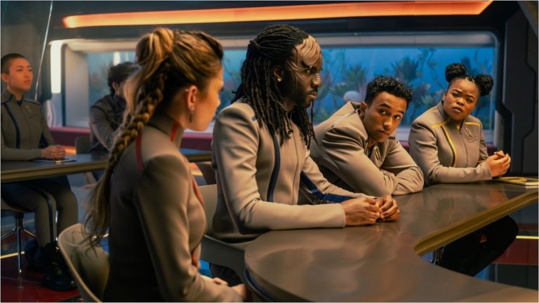 Bella Shepard as Genesis, Karim DianÈ as Jay-Den, Sandro Rosta as Caleb and Kerrice Brooks as Sam in Star Trek: Starfleet Academy, episode 4, season 1, streaming on Paramount+, 3035. Photo Credit: Brooke Palmer/Paramount+.