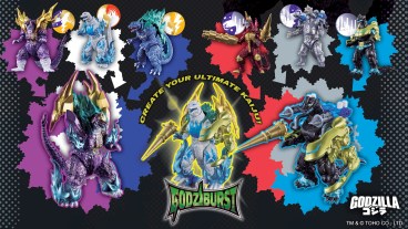 A collection of six "Godziburst" Godzilla figures from Bandai Namco