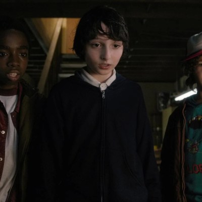 Lucas (Caleb Sinclair), Mike (Finn Wolfhard), and Dustin (Gaten Matarazzo) in Stranger Things season 1.