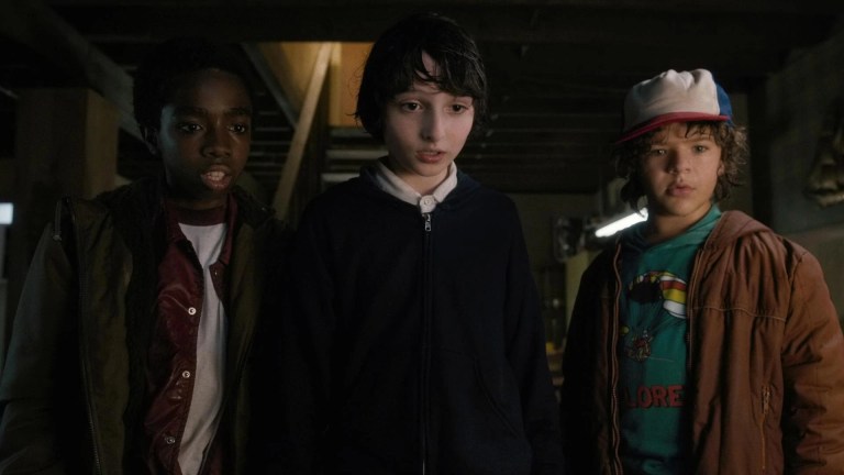 Lucas (Caleb Sinclair), Mike (Finn Wolfhard), and Dustin (Gaten Matarazzo) in Stranger Things season 1.