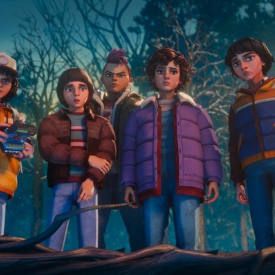 Stranger Things: Tales From '85 (L to R) Braxton Quinney as Dustin, Benjamin Plessala as Will, Brooklyn Davey Norstedt as Eleven and Luca Diaz as Mike in Stranger Things: Tales From '85. Cr. COURTESY OF NETFLIX © 2026