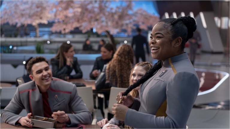 L-R: George Hawkins, Bella Shepard and Kerrice Brooks in season 1, episode 5 of Star Trek: Starfleet Academy streaming on Paramount+. Photo Credit: Brooke Palmer/Paramount+
