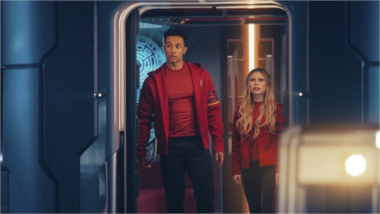 L-R: Sandro Rosta as Caleb and Bella Shepard as Genesis in season 1, episode 7, of Star Trek: Starfleet Academy streaming on Paramount+. Photo Credit: Brooke Palmer/Paramount+