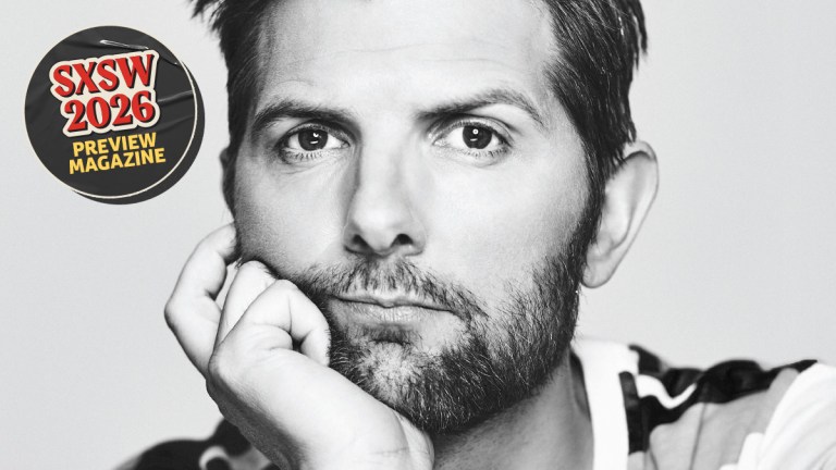 Black and white photo of Adam Scott.