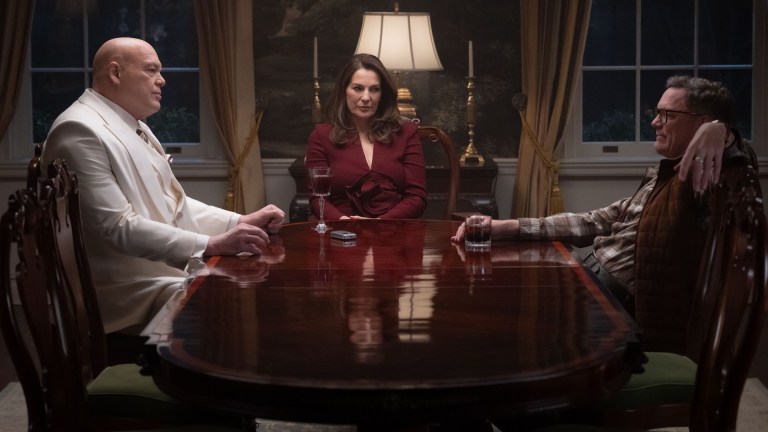 L-R: Wilson Fisk / Kingpin (Vincent D’Onofrio), Vanessa Fisk (Ayelet Zurer), and Mr. Charles (Matthew Lillard) in Marvel Television's DAREDEVIL: BORN AGAIN, exclusively on Disney+. Photo by Jojo Whilden. © 2025 MARVEL.