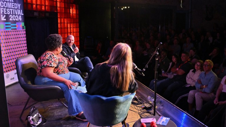 AUSTIN, TEXAS - MARCH 10: Dulce Sloan, Paul Scheer and CEO of Comic Relief US Alison Moore speak during a discussion at Comic Relief's Permission to Laugh: Using Comedy as a Force for Good live comedy event during the 2024 SXSW Conference and Festival at Esther’s Follies on March 10, 2024 in Austin, Texas. (Photo by Daniel Boczarski/Getty Images for Comic Relief US)